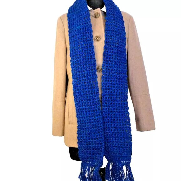 Blue Scarf 93x5 Extra Long Handmade Crochet Hand Knit Football Muffler Birthday - Picture 3 of 9